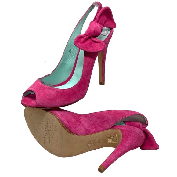MELLOW YELLOW Nuevo Pink‎ Suede Peep Toe Slingback Bow Pumps - Picture 10 of 12